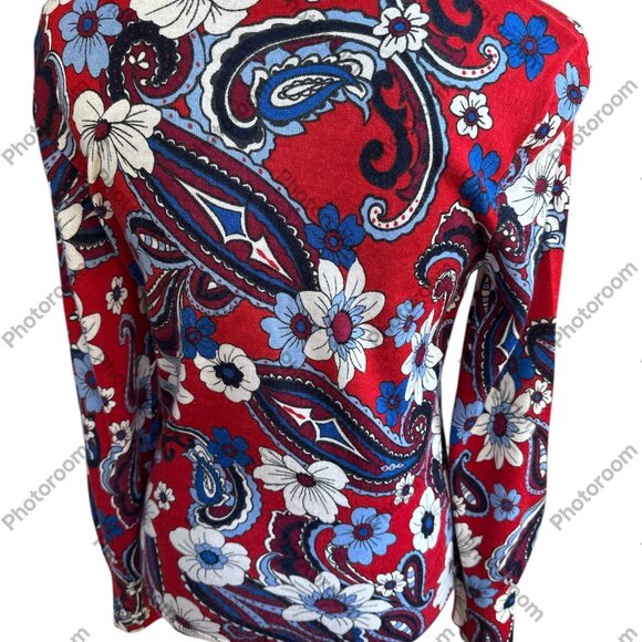 Talbots Small Red Blue Floral VNeck Merino Wool Long Sleeve Sweater - Picture 3 of 4